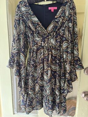 Betsey Johnson Navy Paisley Empire-Waist Long Sleeve Mini Dress 6